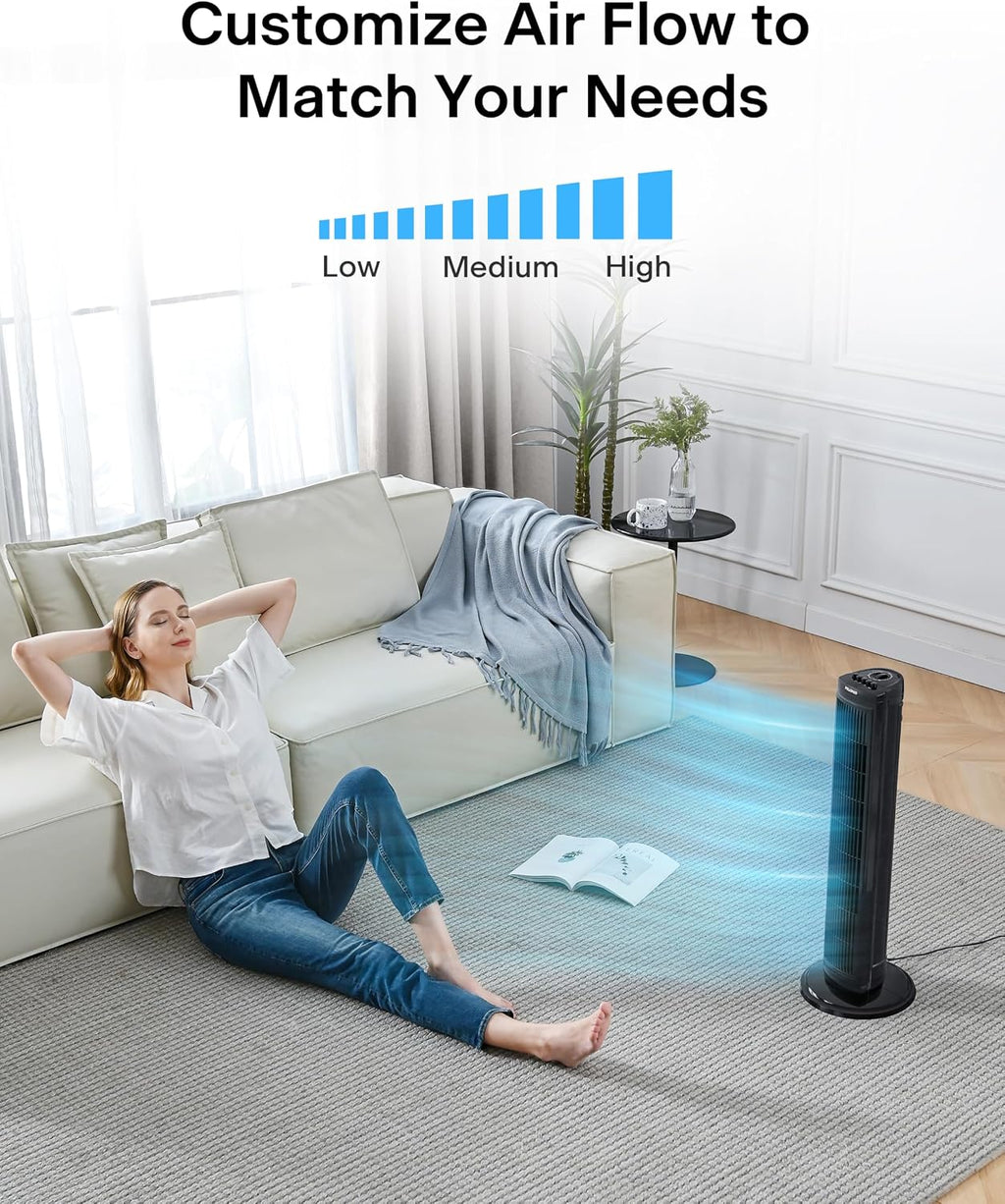 30 Inch Tower Fan for Bedroom, Quiet Oscillating Standing Fan with 3 Speeds, Portable Cooling Fan for Home Office