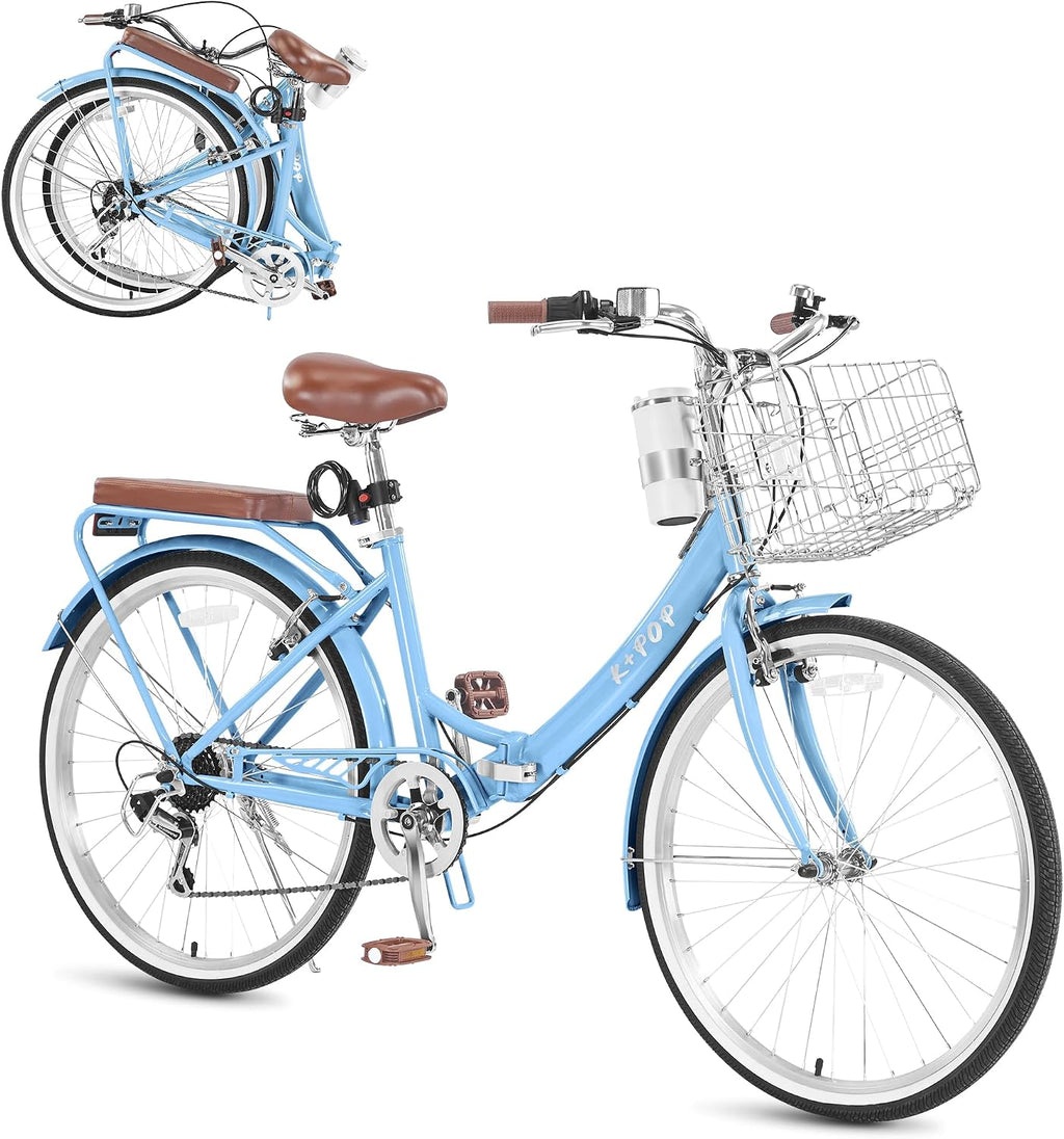 24/26 Inch Foldable Beach Cruiser Bike for Womens, 7 Speed Womens Bike with Basket and Coffee Cup, Commuting Bicycles