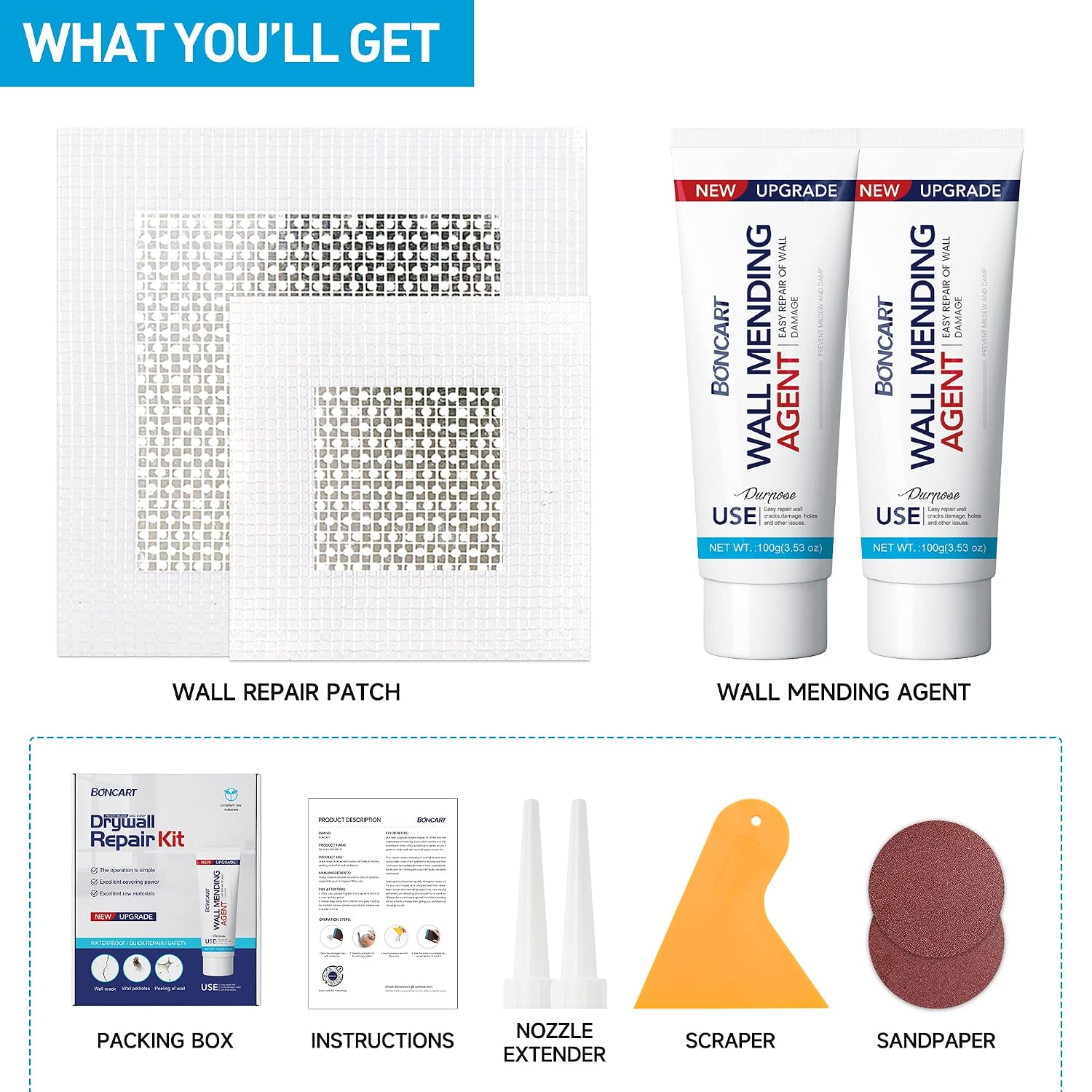 Spackle Wall Repair Kit, Drywall Repair Patch Kit with Tools | Includes Scraper, Sandpaper, And Aluminum Patches. For