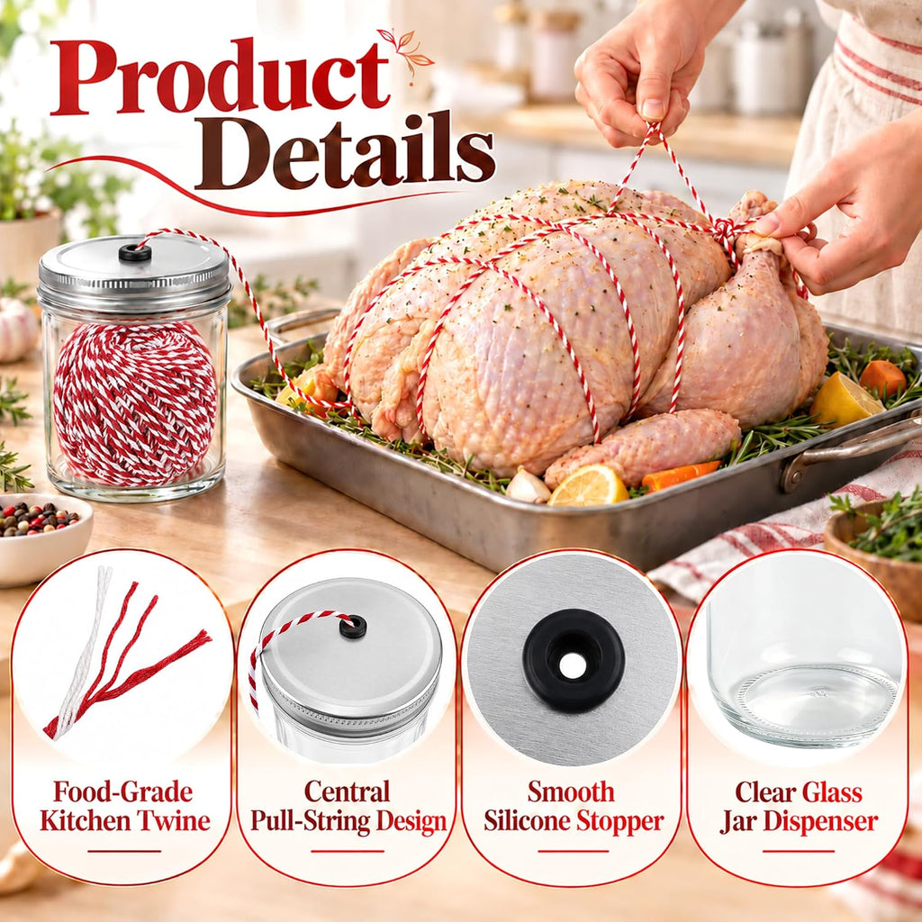 2 Roll 230FT Kitchen Twine for Cooking with Glass Jar Dispenser, Red&White