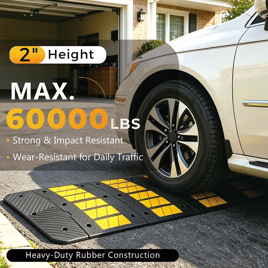 35" Heavy Duty Rubber Speed Bump, 2" High Traffic Speed Hump | Reflective Traffic Speed Hump with Mounting Bolts for