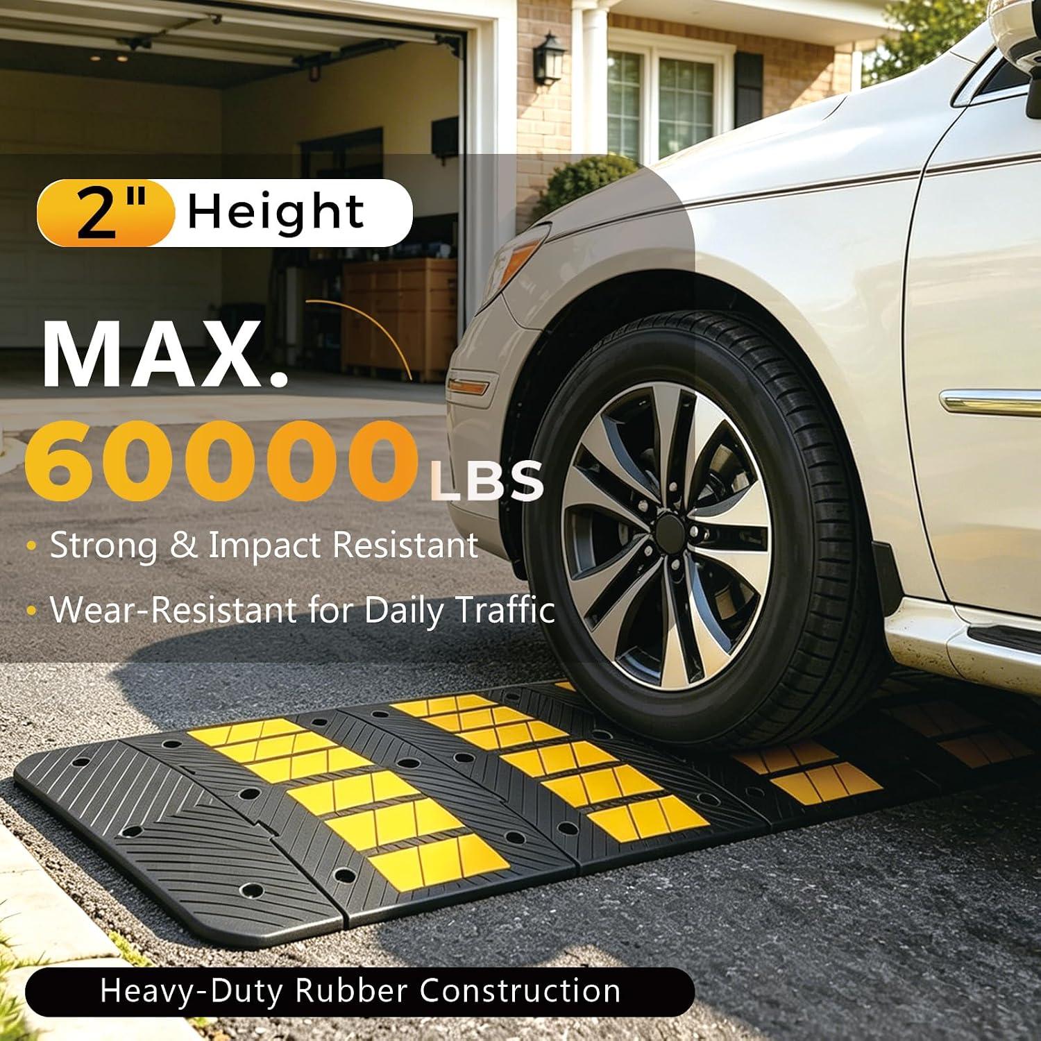 35" Heavy Duty Rubber Speed Bump, 2" High Traffic Speed Hump | Reflective Traffic Speed Hump with Mounting Bolts for