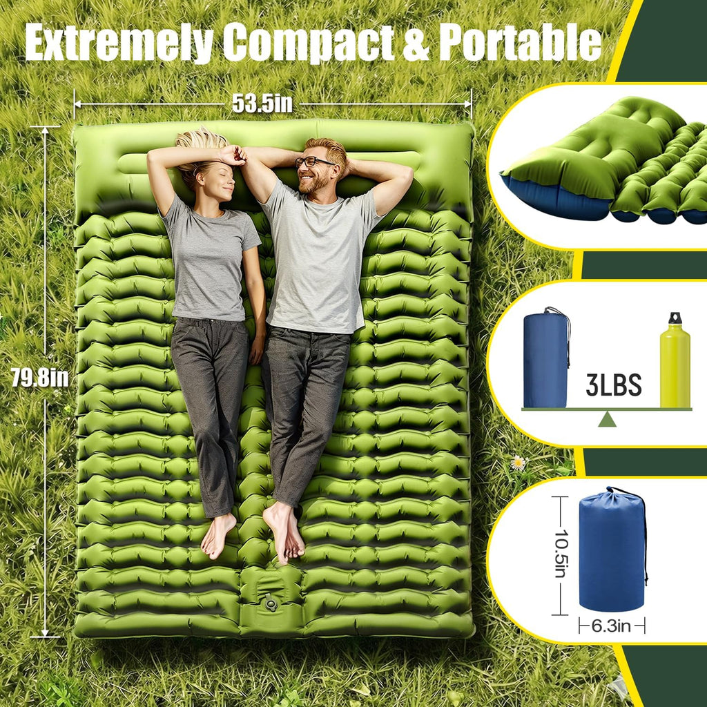 Double Sleeping Pad - Self Inflating 4" Extra-Thick for 2 Person with Pillow Built-in Foot Pump Inflatable Sleeping