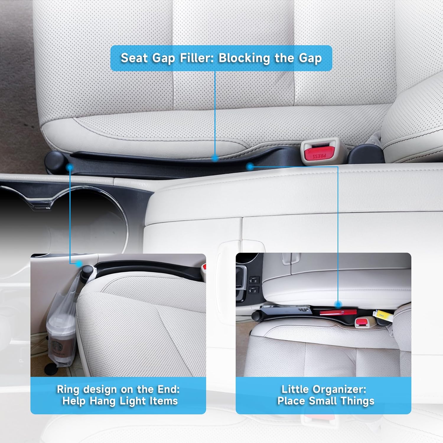 Car Seat Gap Filler Set of 2, Soft Foam Multifunctional Seat Side Gap Filler with Organizer & Hook Function, 3in1 Gap