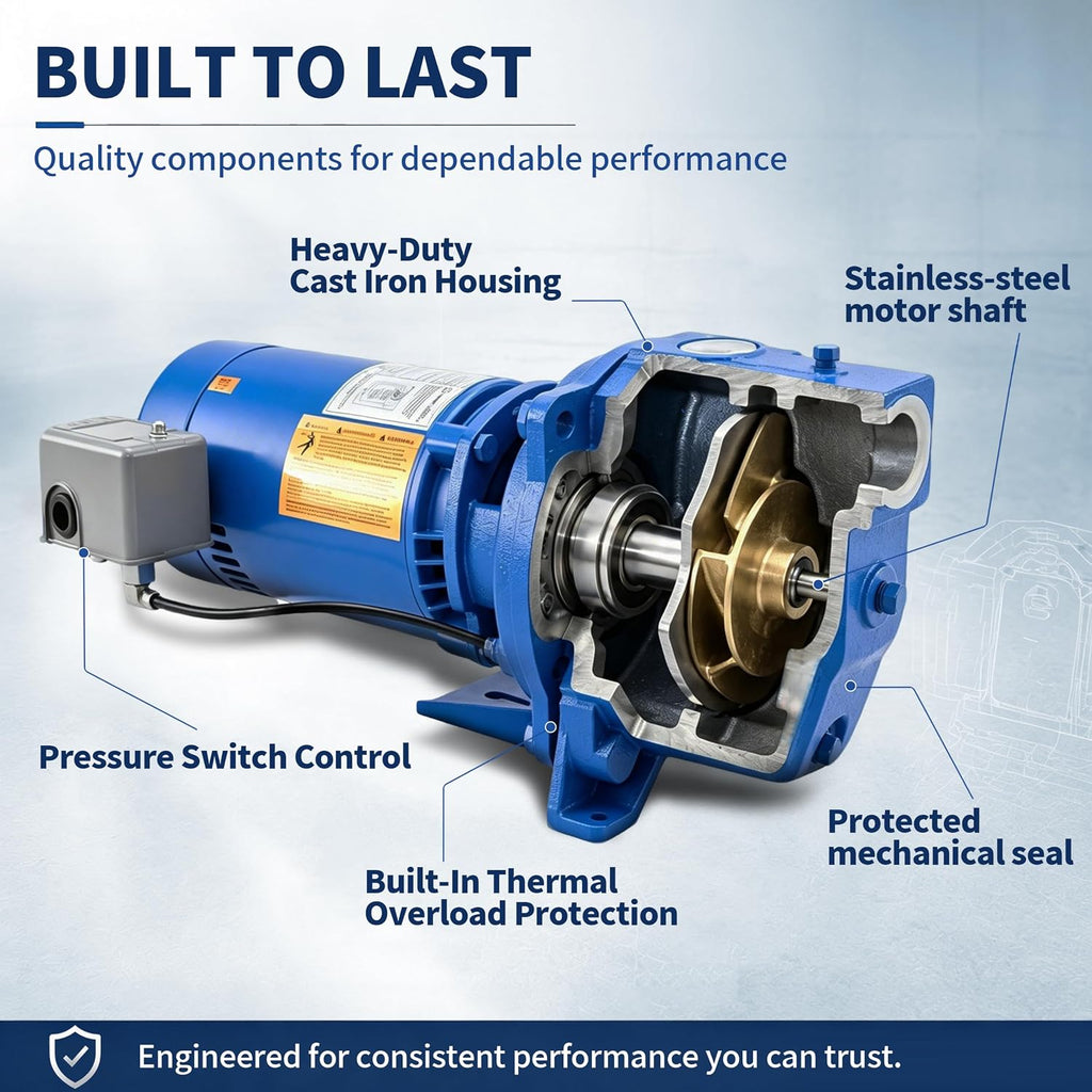 J10S Shallow Well Jet Pump, 1 HP Self-Priming Cast Iron Water Pump