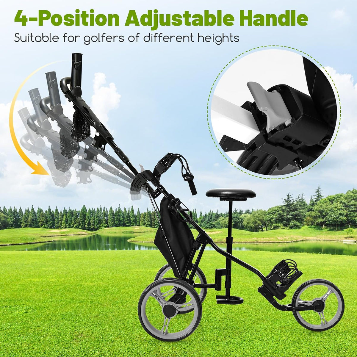 3 Wheel Golf Push Cart, Lightweight Foldable Caddy Cart w/Adjustable Seat, Handle, Umbrella Holder, Foot Brake, Golf