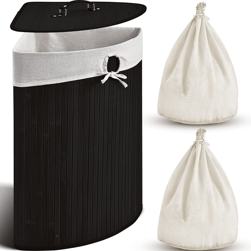 Corner Bamboo Laundry Hamper with Lid, Black, Vertical Slatted