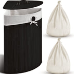 Corner Bamboo Laundry Hamper with Lid, Black, Vertical Slatted