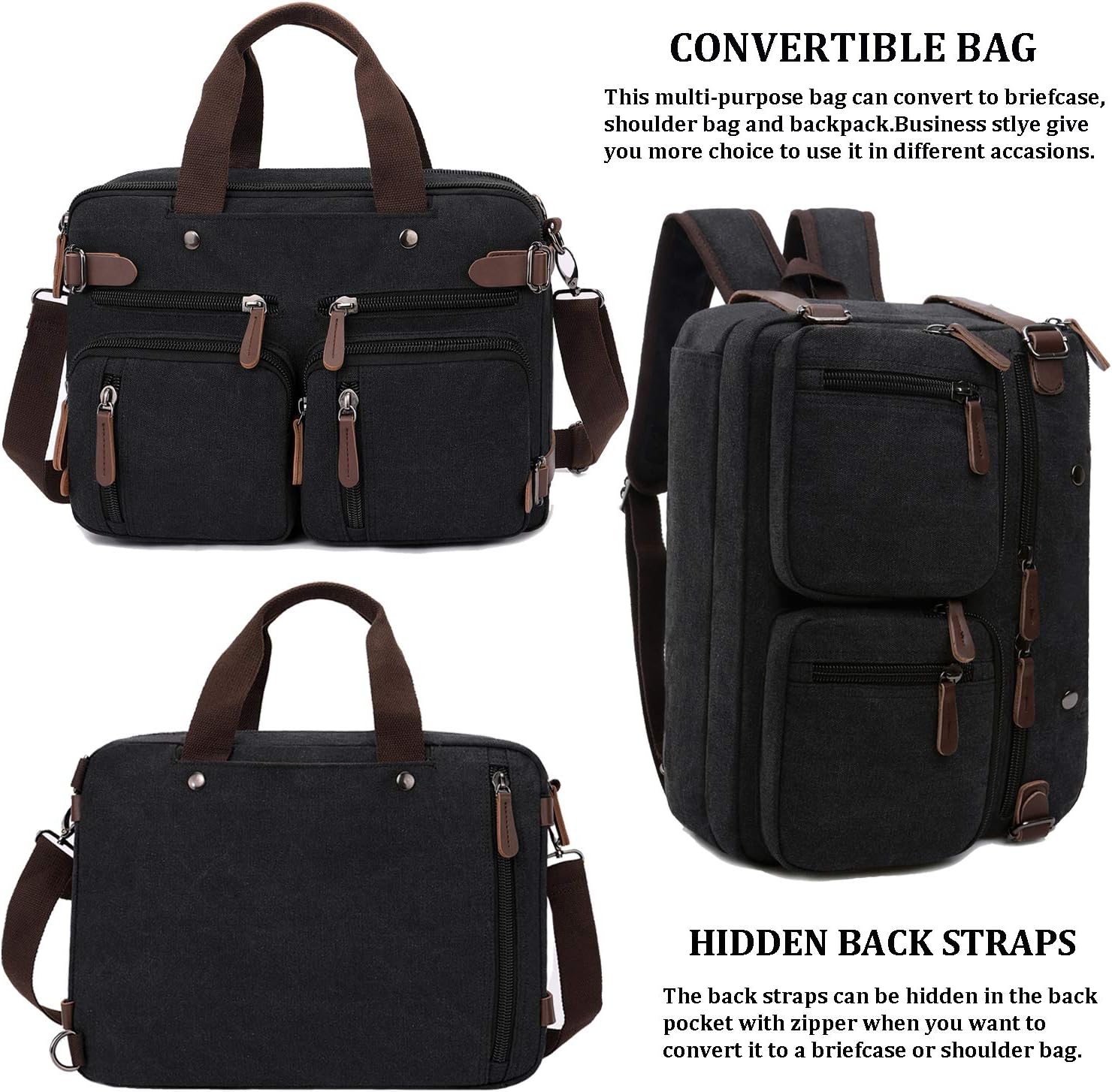 3 In 1 Canvas Convertible Laptop Bag for Men Women, 17.3 inch Laptop Messenger Bag Work Briefcase, Computer Shoulder