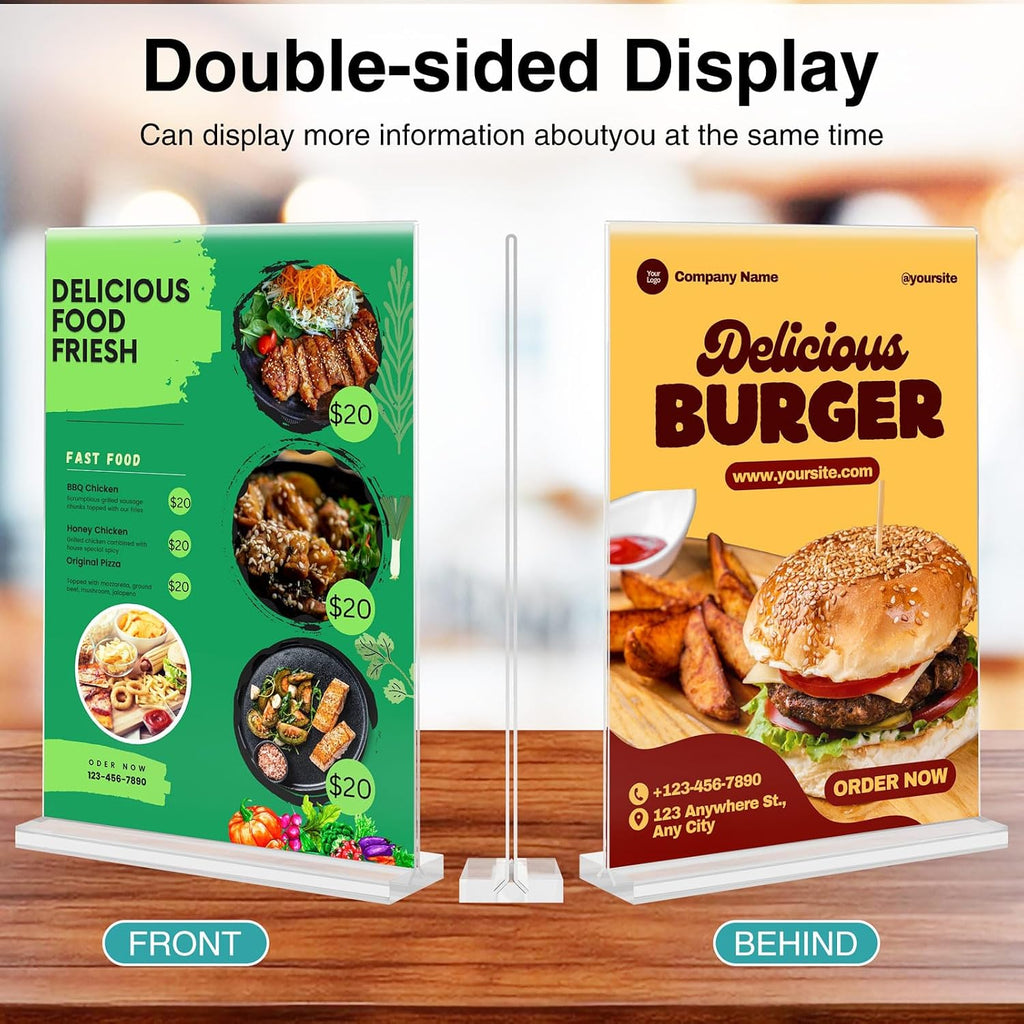 6 Pack Acrylic Sign Holder 8.5 x 11, Vertical T Shape Plastic Sign Holder with Base, Double-Sided Clear Tabletop