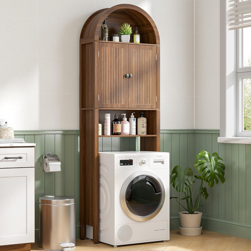 Arched Over The Toilet Storage Cabinet with Fluted Doors, 4 Tier Small Bathroom Shelf Organizer, Mid Century Modern