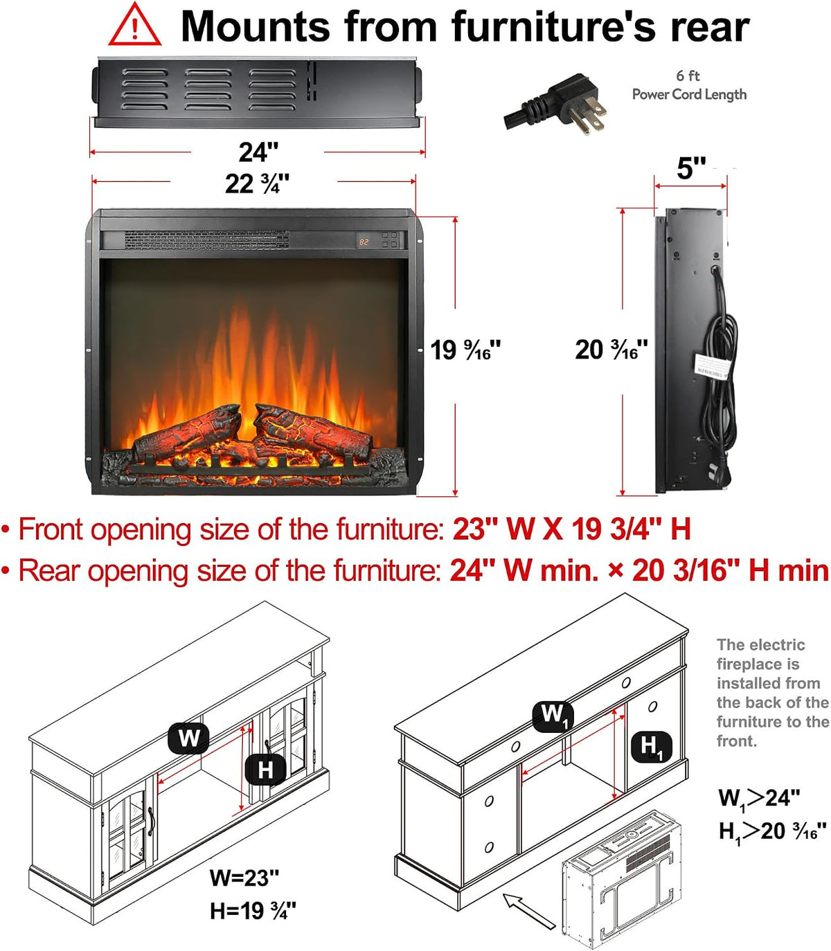 23" Electric Fireplace Insert, Fireplace Heater with Remote, Adjustable 4 Flame Brightness, Log Set, Low Noise, 8H