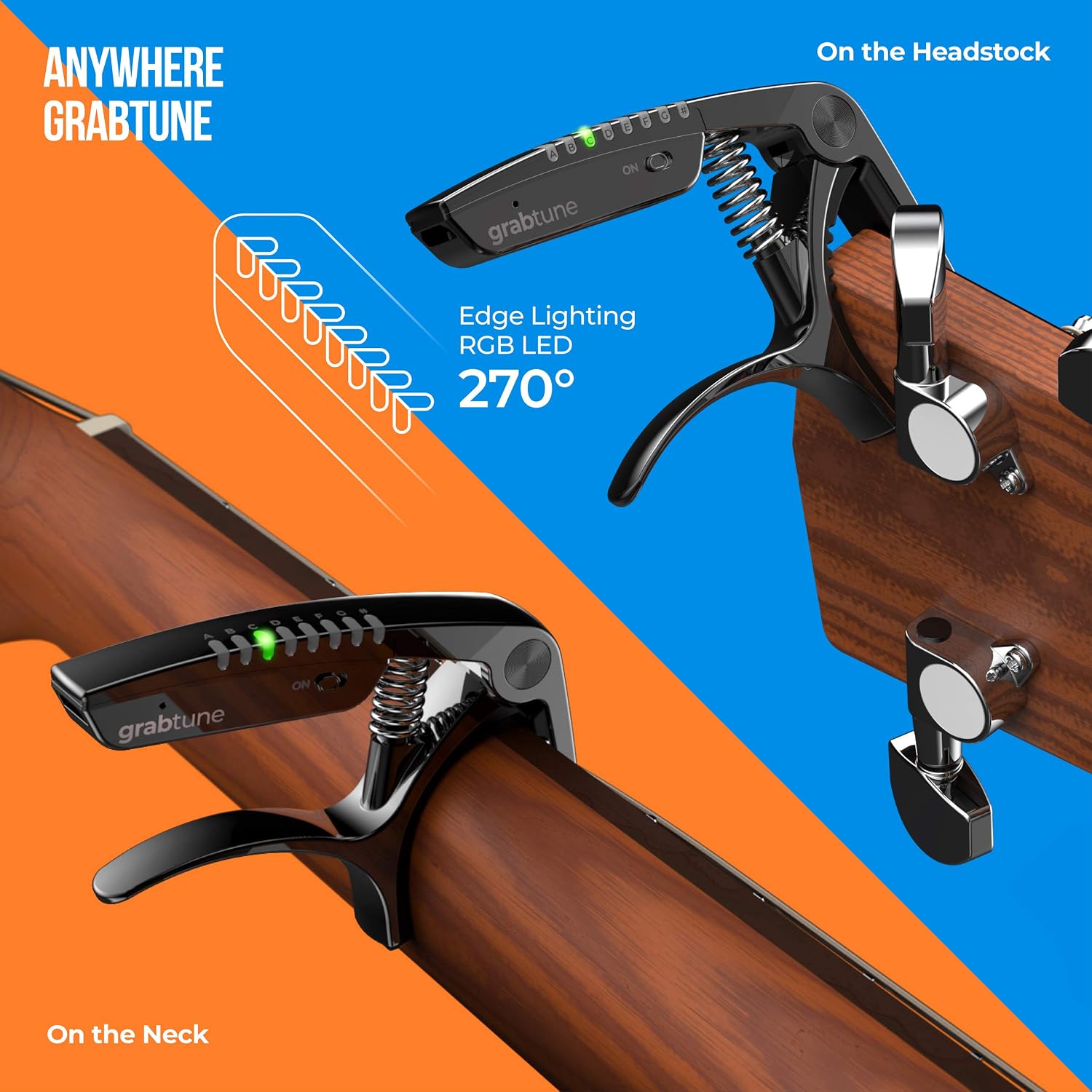 Grabtune Acoustic Guitar Capo-Tuner | 2 In 1 Equipment | Precise and Accurate Tuning System | Full Color LED Edge