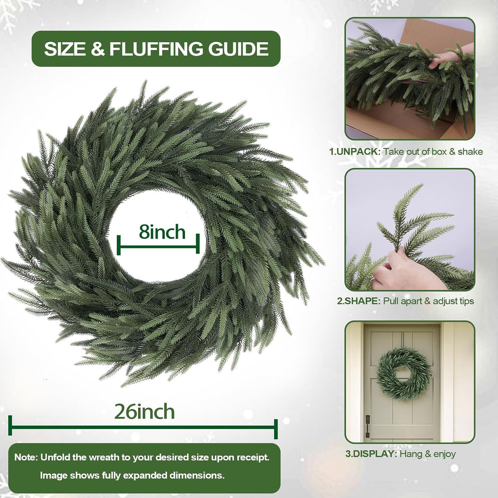 Norfolk Pine Christmas Wreath for Front Door Decoration, 26 in | Green Real Touch Artificial Shapeable Branch, DIY