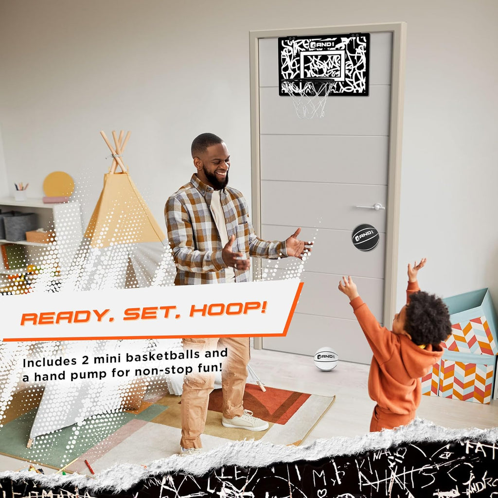 Over the Door Mini Basketball Hoop: 18x12 Shatterproof Backboard, 2 Mini Basketballs, and Hand Pump Included