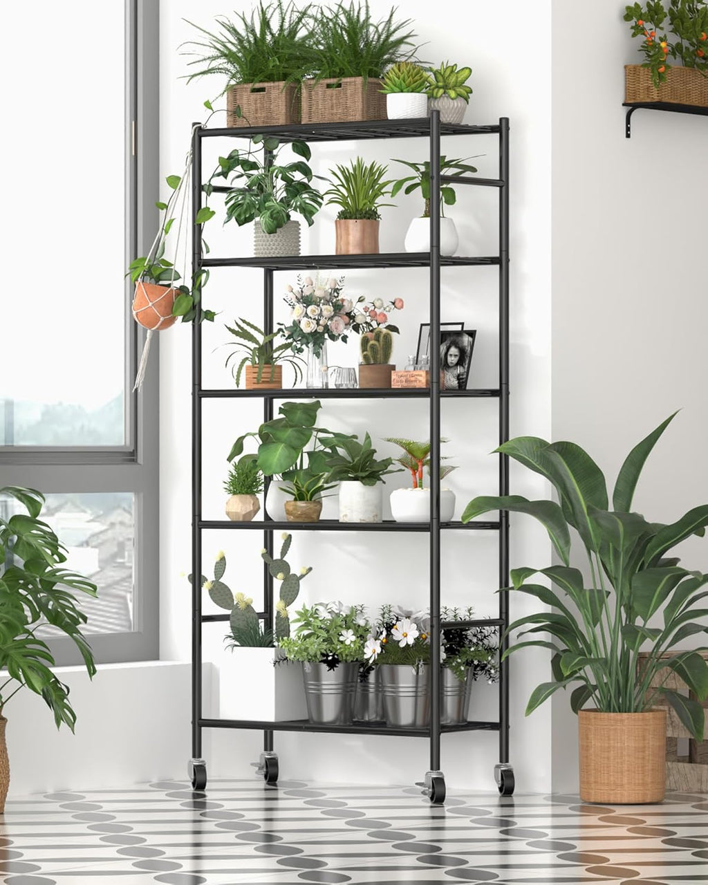 Storage Shelves Organizer - 5 Tier Metal Shelf Organizer with Metal Wheels and Adjustable Leveling Feet, Heavy Duty