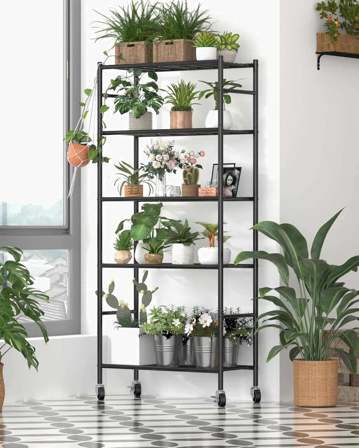 Storage Shelves Organizer - 5 Tier Metal Shelf Organizer with Metal Wheels and Adjustable Leveling Feet, Heavy Duty