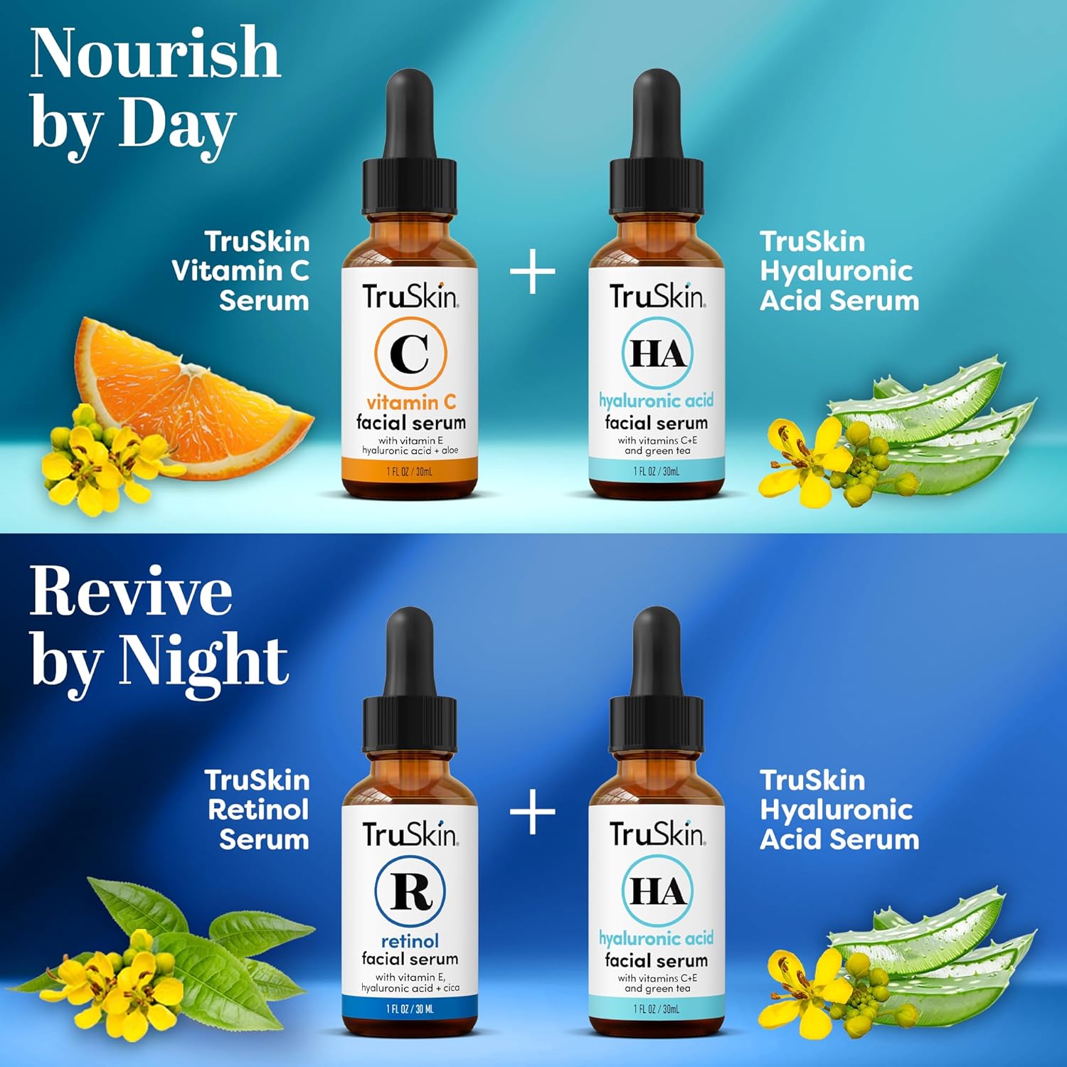 Serum Trio with Vitamin C, Retinol & Hyaluronic Acid, 1 fl oz Each | Complete anti aging AM, PM & all-day skincare