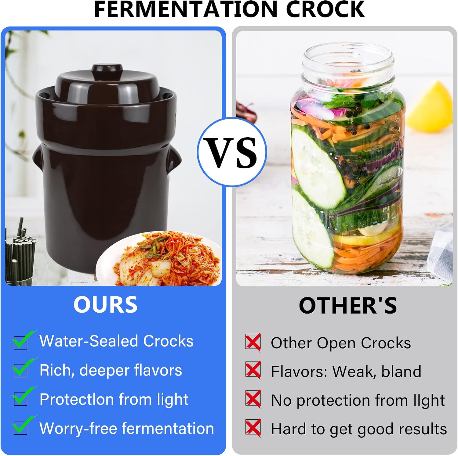 Fermentation Crock Jar 2 Liter/0.5 Gallon - Stoneware Pot for Fermenting, Pickling Kimchi, Pickles, Vegetables