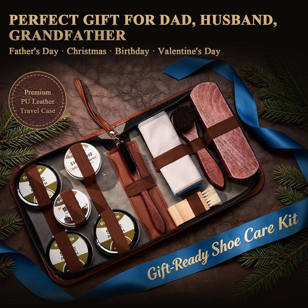 13-Pcs Complete Shoe Shine Kit & Leather Boot Care and Cleaning Kit - 100% Horsehair Brushes, Mink Oil, Saddle Soap
