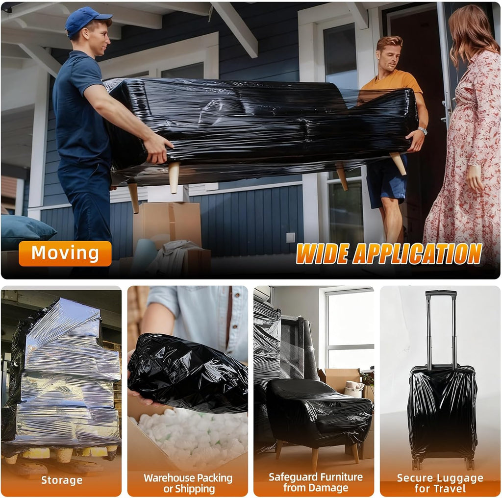 Black Stretch Wrap Shrink Film for Moving Supplies (15inch, 2 Pack) x 1000ft, Industrial Strength Plastic Wrap