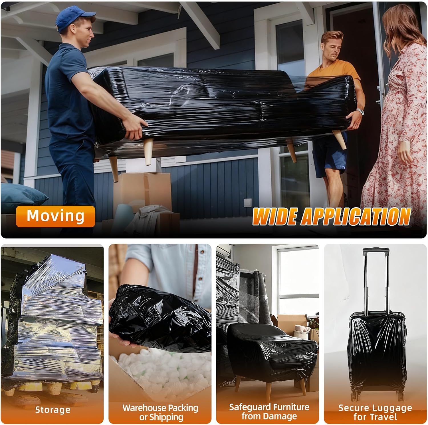 Black Stretch Wrap Shrink Film for Moving Supplies (15inch, 2 Pack) x 1000ft, Industrial Strength Plastic Wrap