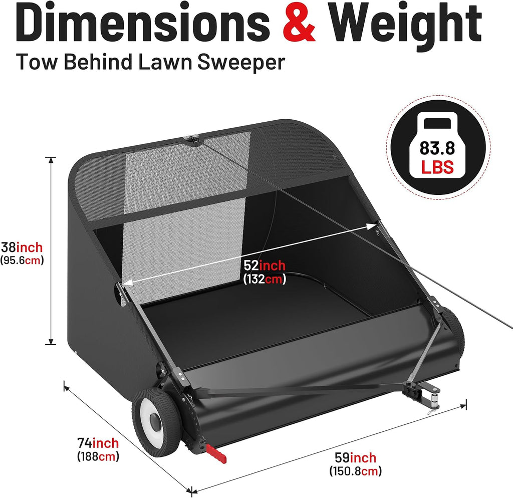52 Inch Tow Behind Lawn Sweeper with 26 Cu Ft Hopper