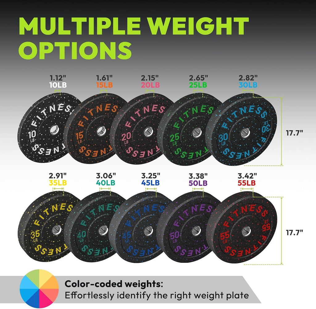 Olympic Barbell Set, 2-Inch Bumper Plates with Weight Plate Rack | Colored Crumb Rubber Weight Plates for Weight