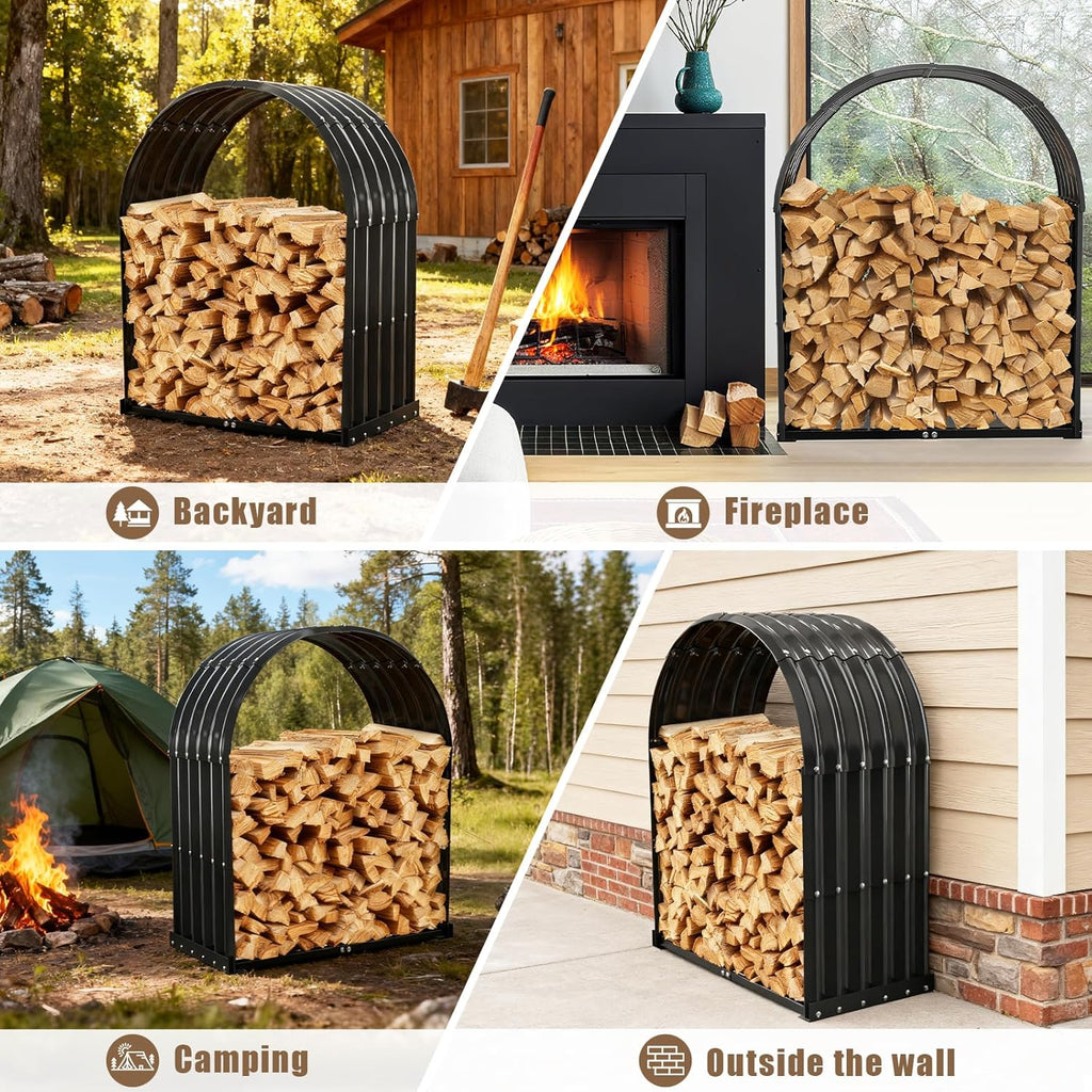 Heavy-Duty Black Firewood Storage Shed with Round Roof Outdoor/Indoor | Smooth Surface Painted,Rainproof and