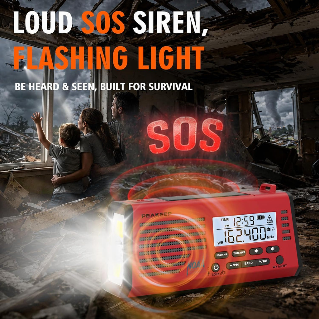Emergency Radio NOAA Weather Alert Battery Solar Crank Powered | AM FM SW Portable Radio, Rechargeable Battery