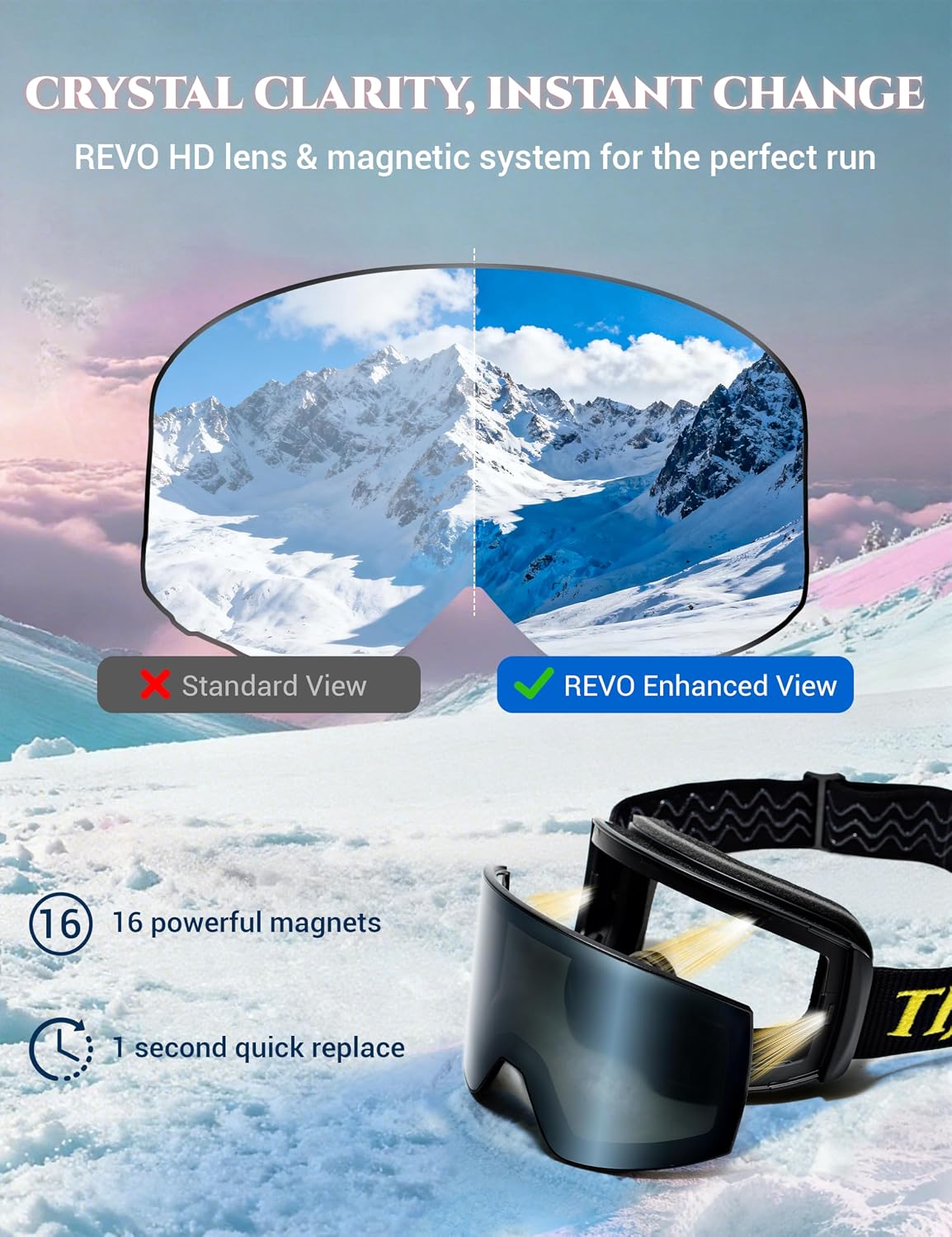Ski Snowboard Goggles, Anti-Fog UV400 OTG Snow Goggles for Men Women | with 2 Magnetic Replaceable Lenses
