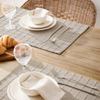 Artisanal Grid Decorative Linen Placemats Set of 6, Neutral Beige