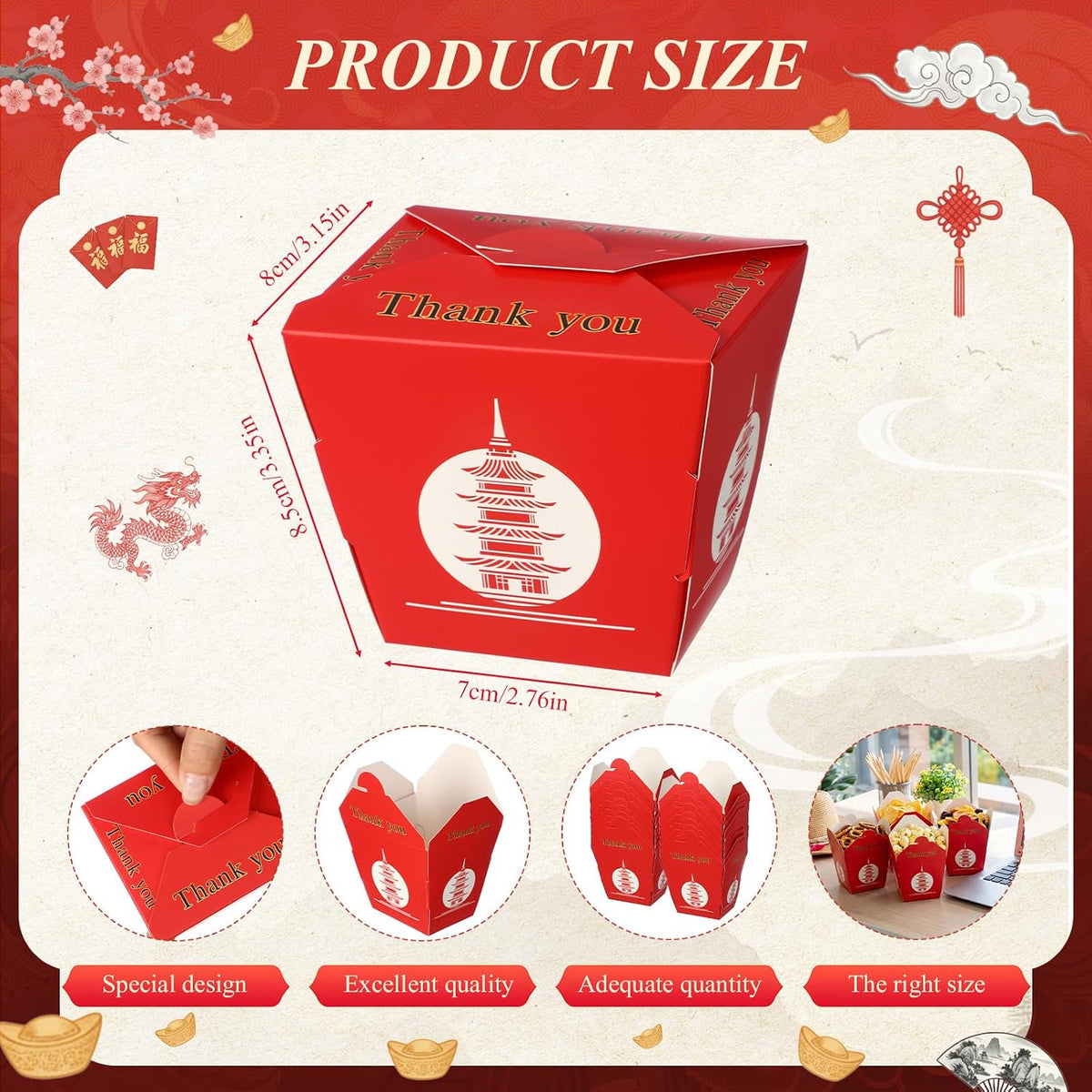 60 Pcs Takeout Boxes 8oz Paper Containers Asian Pagoda, Pagoda, Red