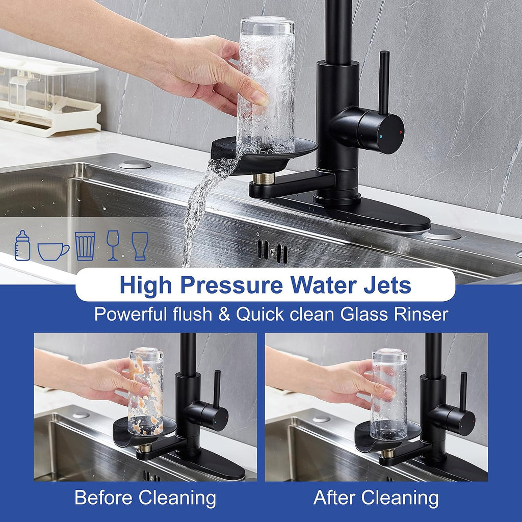 Kitchen Faucet with Cup Washer Single Handle Pull Down Kitchen Sink Faucet with Glass Rinser Matte Black Pull Sink