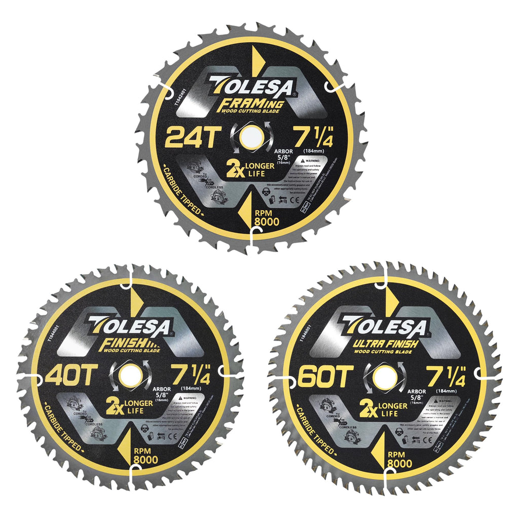 TOLESA 7-1/4 Circular Saw Blades, 24/40/60T for Woodworking, 3-Pack