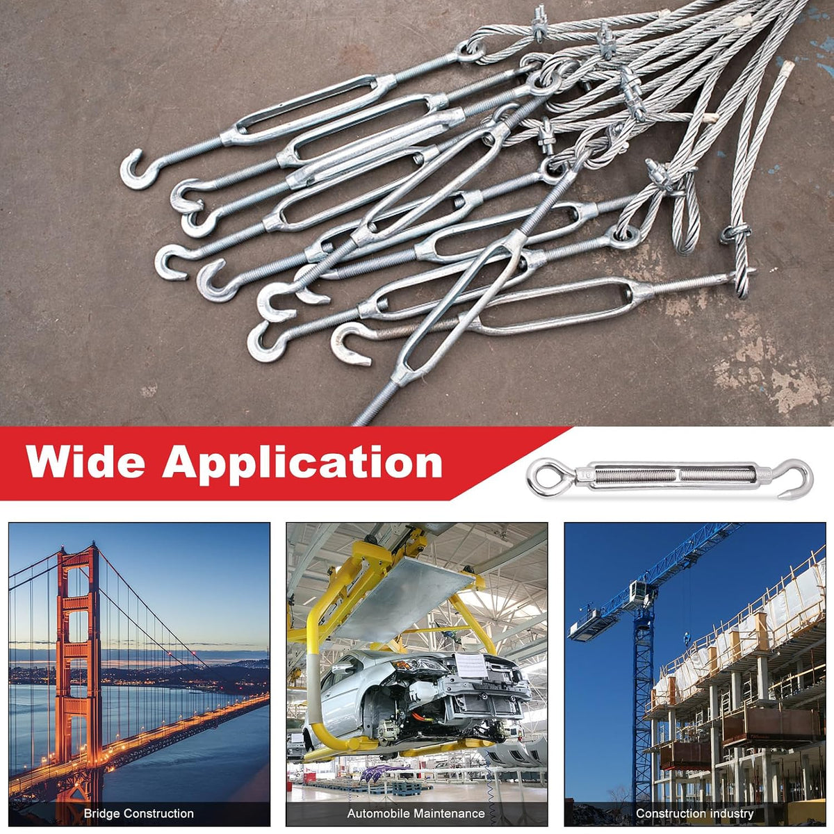 3/8 Inch Turnbuckle Hook & Eye M10 Turnbuckles for Wire Rope Tension, 304 Stainless Steel (M10)