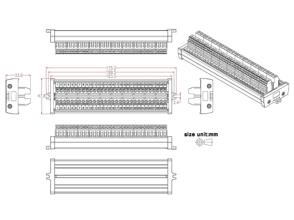 Screw Mount 24A/400V 30 Position Screw Terminal Block Distribution Module