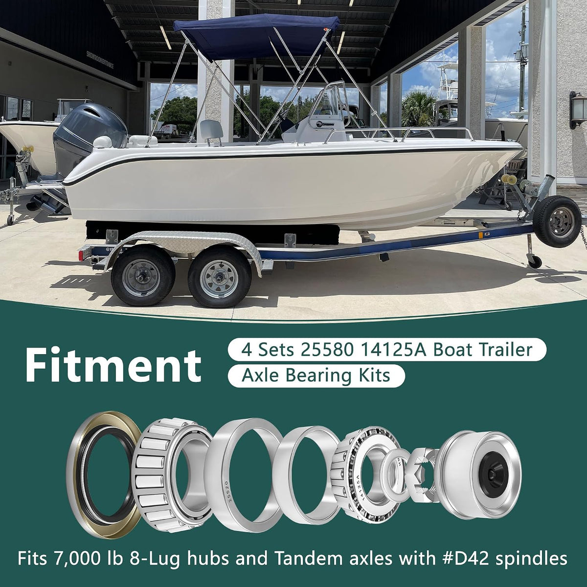 4 Sets 7,000 lb Boat Trailer Axles Bearing Kits, 25580 14125A Bearings-Double Lip Grease Seals 10-36 (or 10-10), Fits