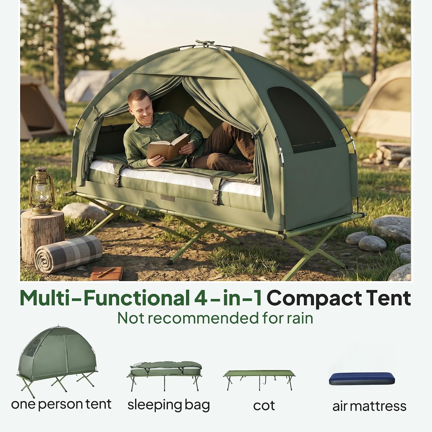 Camping Tent Cot 6-in-1 Folding Tent Cot Combo, with Mattress | Pillow, Sleeping Bag, Bed Cover, Roller Carrying Bag