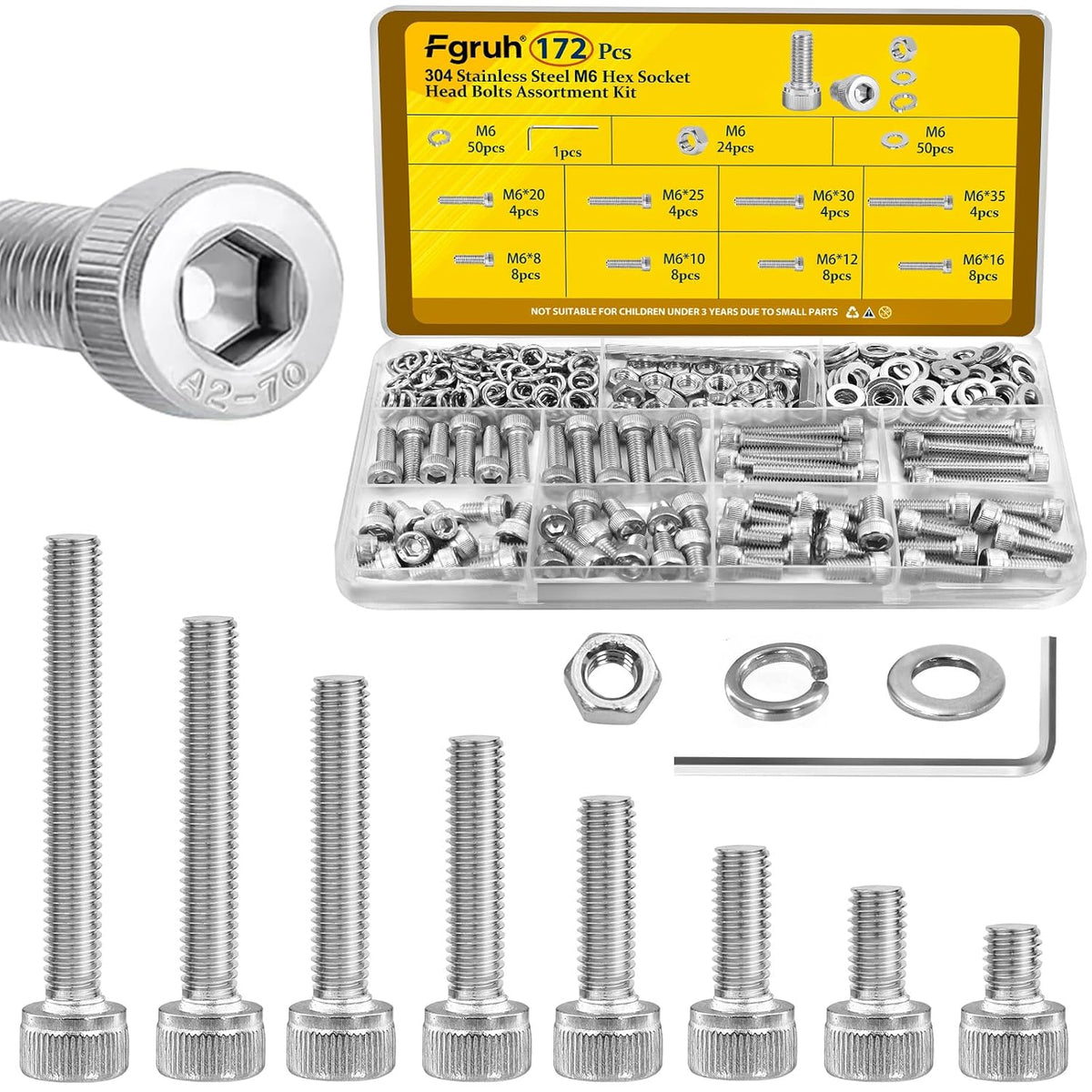 172PCS M6 Socket Screws Assortment Kit, M6x8/10/12/16/20/25/30/35 mm
