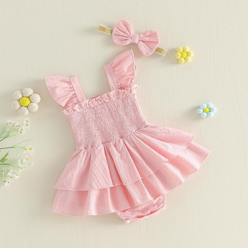 Newborn Baby Girls Summer Clothes Ruffle Sleeveless Pleated Smocked Bubble Romper Dresses Infant Bodysuit Jumpsuit