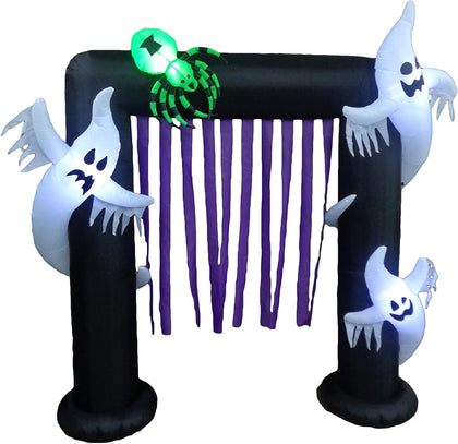 8 FT Illuminated Halloween Inflatable Ghosts and Spider Archway | Purple Streamers, Outdoor Indoor, Blow Up Lighted
