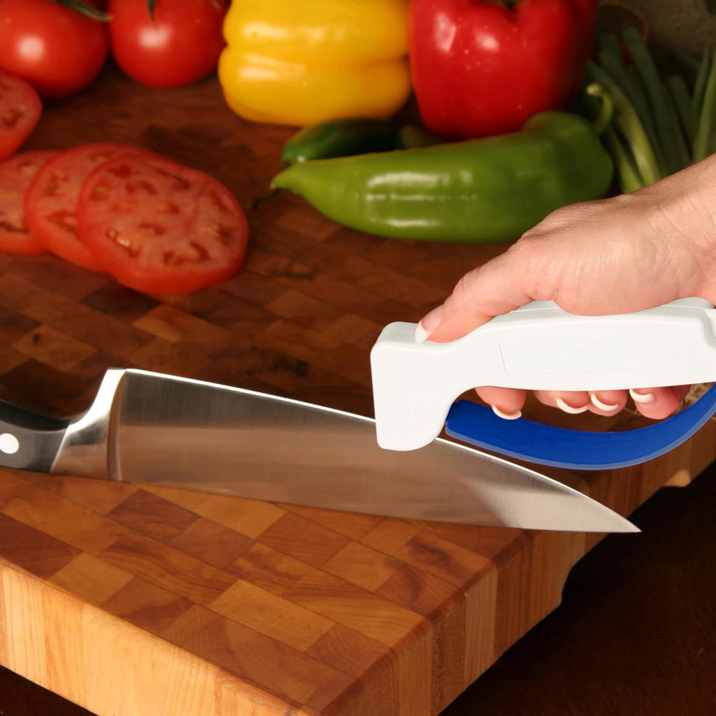 Knife Sharpener, Ergonomic Comfortable Handle, Compact & Easy to Use, Restore and Hone Straight & Serrated Knives, White