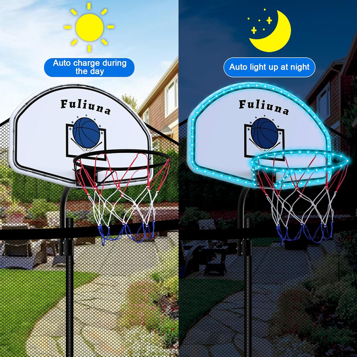 Solar Power Trampoline Basketball Hoop with Led Lights, Easy to Install Basketball Hoop Fit for 25mm Straight Pole &