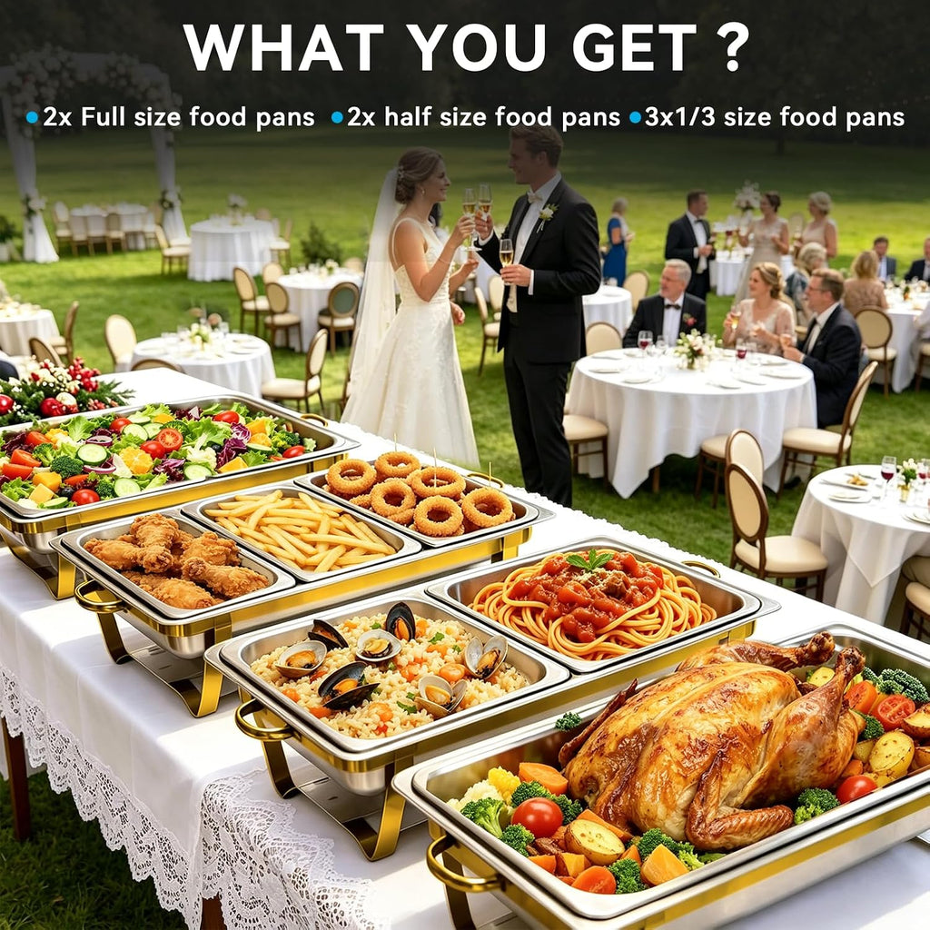 9QT Chafing Dishes for Buffet 4 Pack with 7 Multi-Size Food Pans