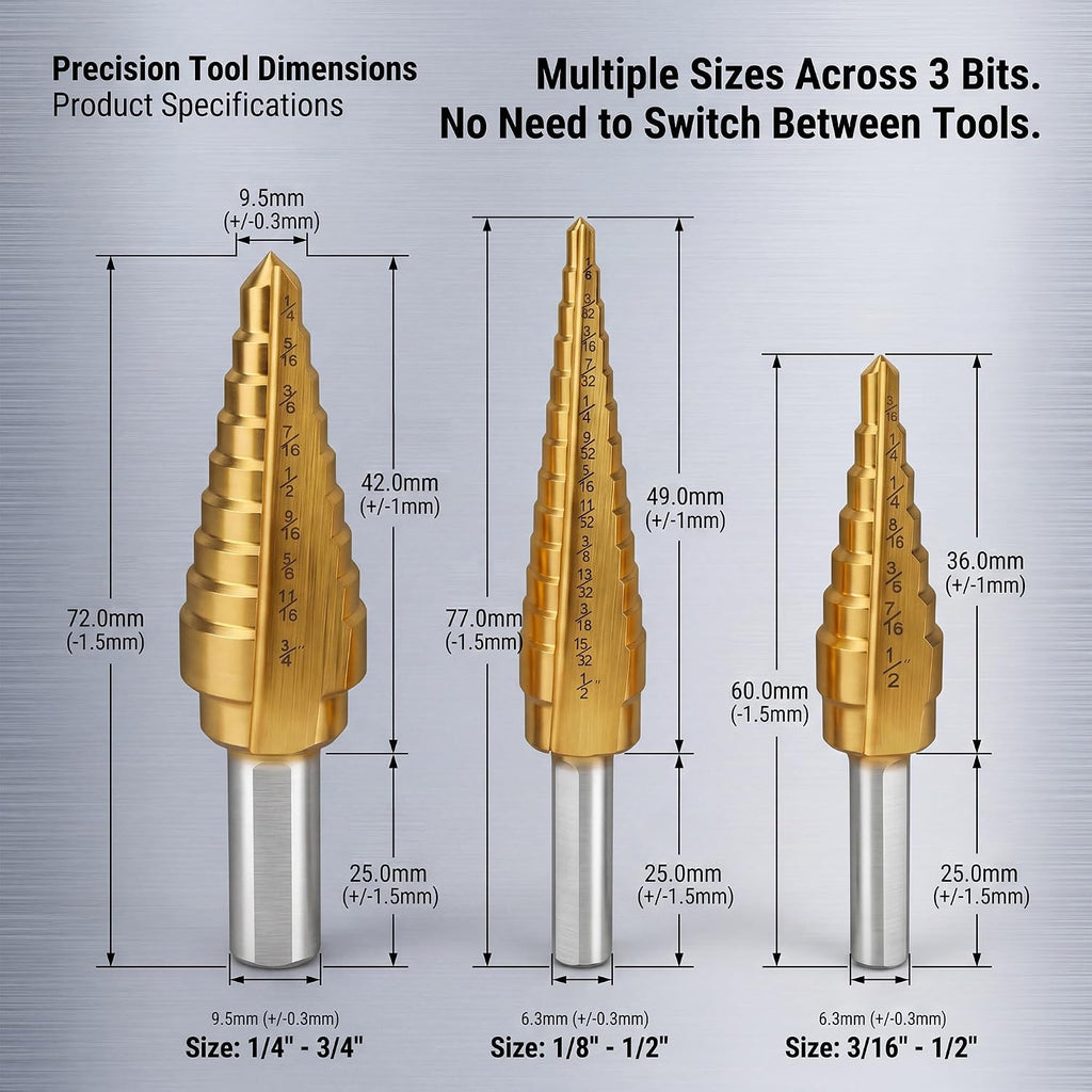 3-Piece HSS Titanium Step Drill Bit Set with Double Flutes