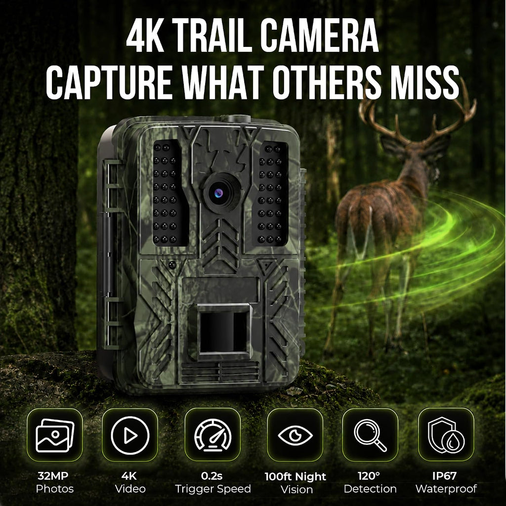 Trail Camera (Non-Cellular Non-WiFi) Up to 32MP Photos, 4K Video, 0.2–0.3s Trigger, 100ft No Glow Night Vision Motion