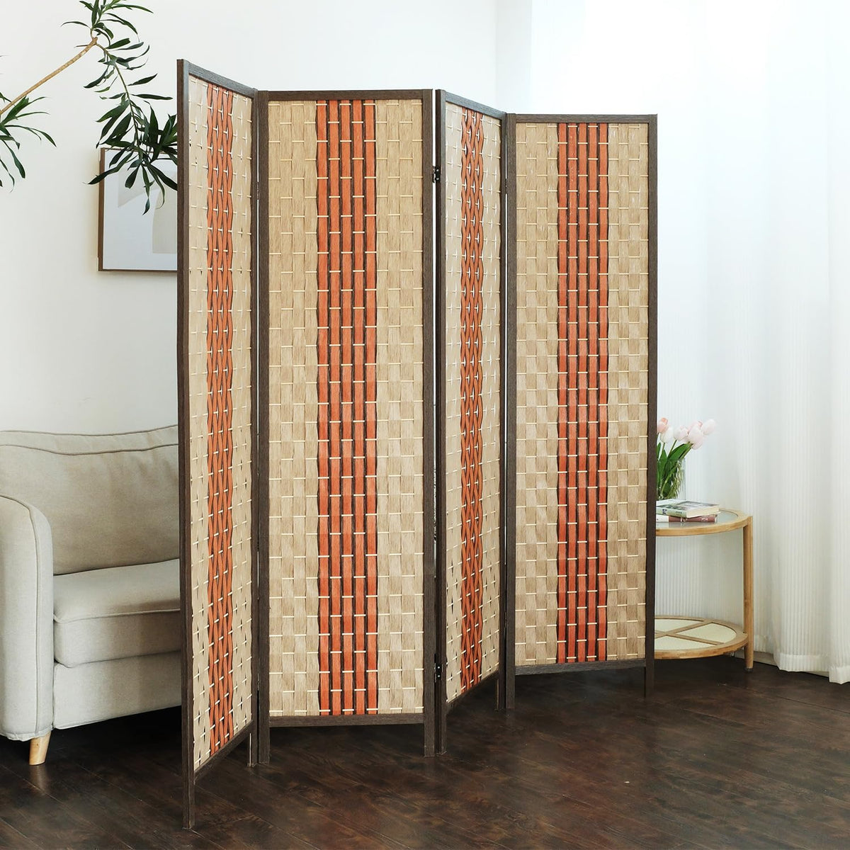 Furnnylane 4 Panel Rattan Room Divider, Beige Orange Folding Privacy Screen