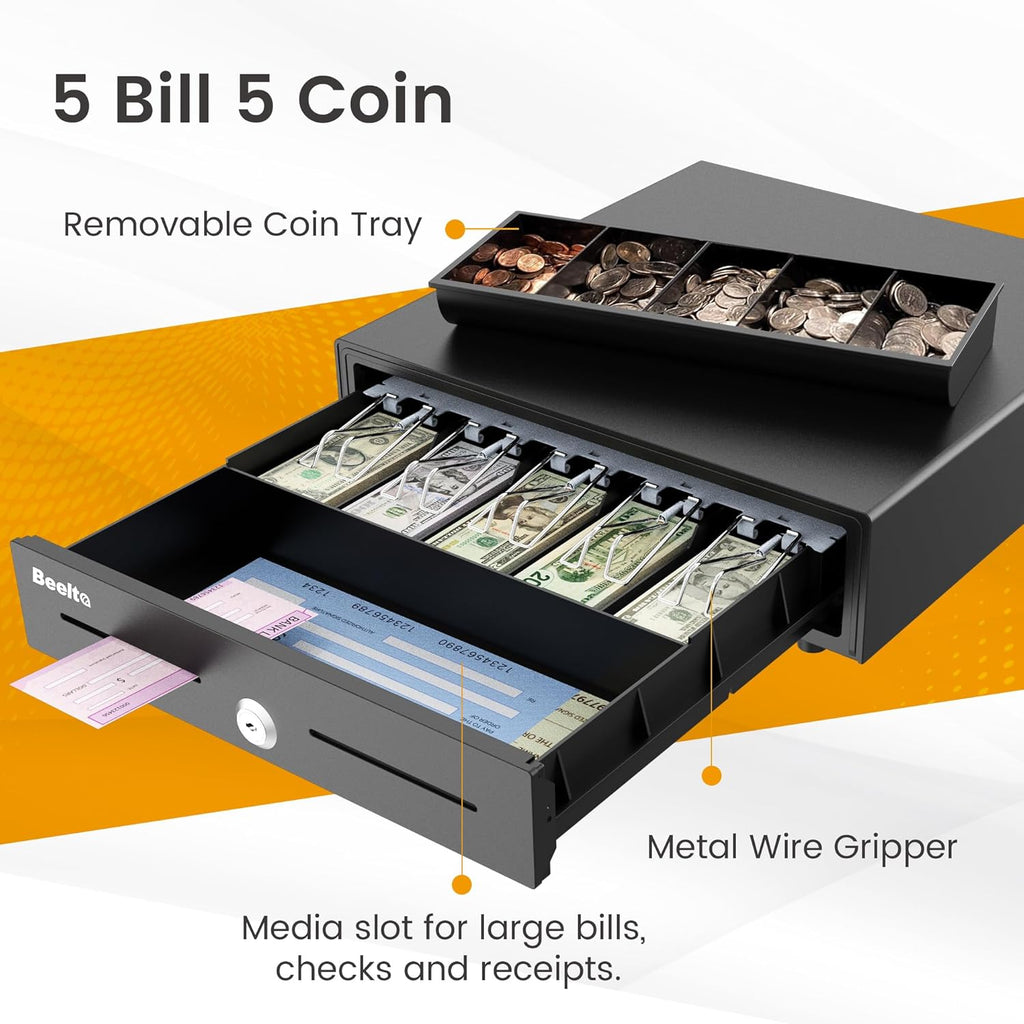 16" Heavy Duty Cash Drawer Auto Open – 5 Bill/5 Coin with Emergency Switch – RJ11/12 Compatible with Square, Clover