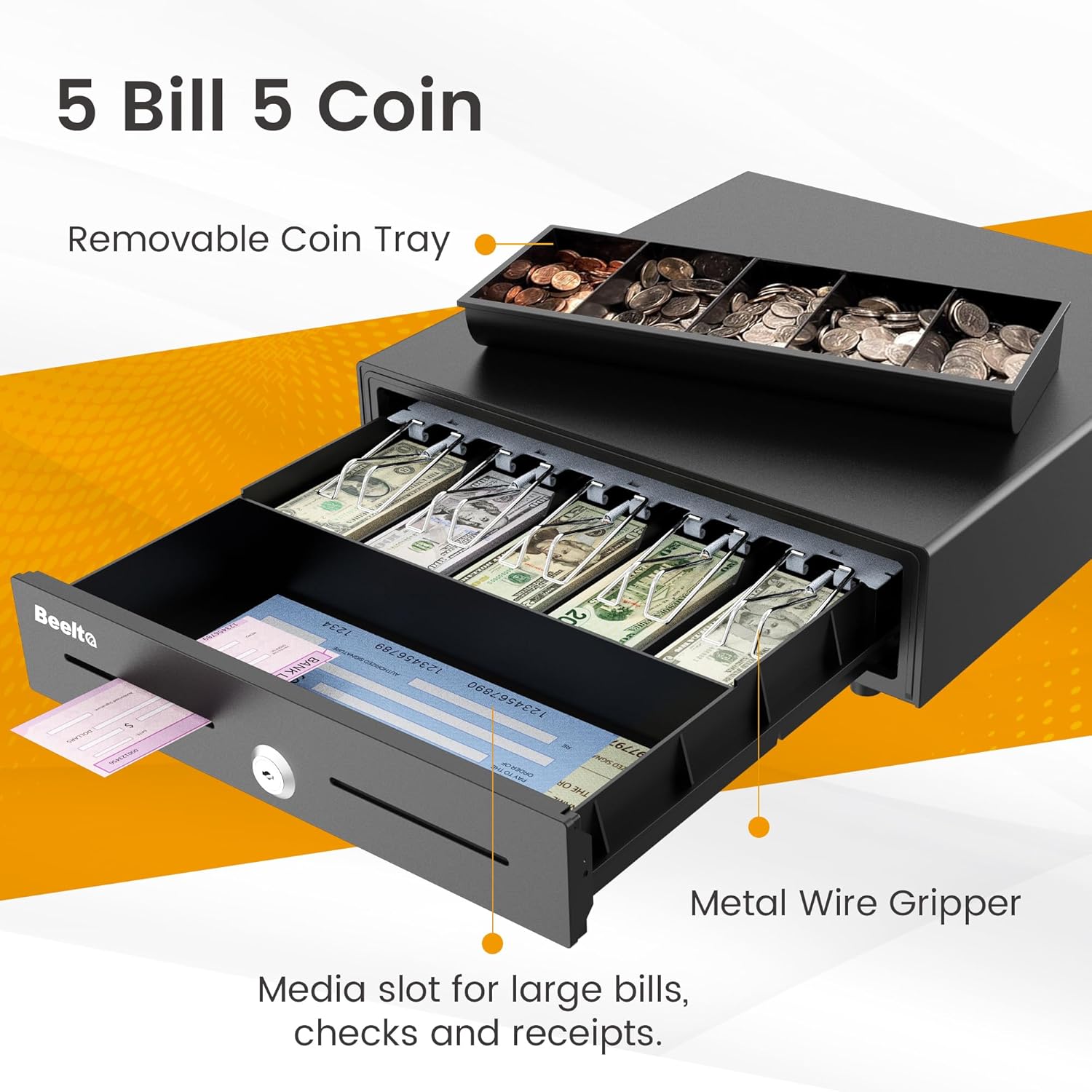 16" Heavy Duty Cash Drawer Auto Open – 5 Bill/5 Coin with Emergency Switch – RJ11/12 Compatible with Square, Clover